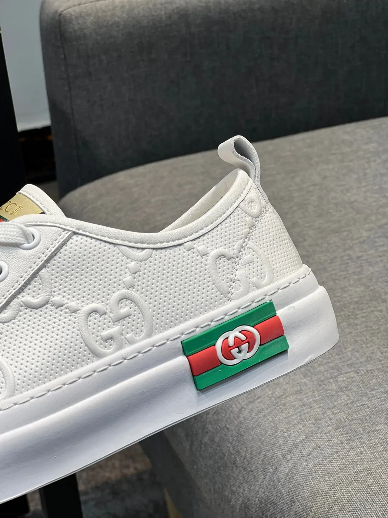 Gucci White Green Embossed GG Monogram Web Stripe Lifestyle Sneakers 8