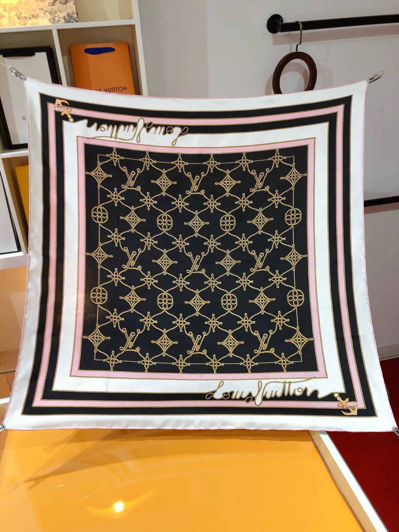 Hermès Anchor and Chain Print White Black Pink Gold Silk Scarf 5
