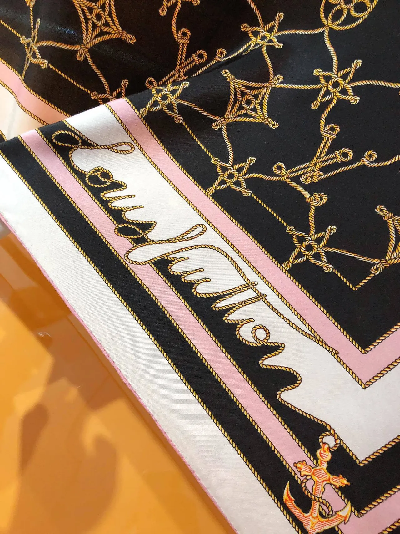 Hermès Anchor and Chain Print White Black Pink Gold Silk Scarf 6