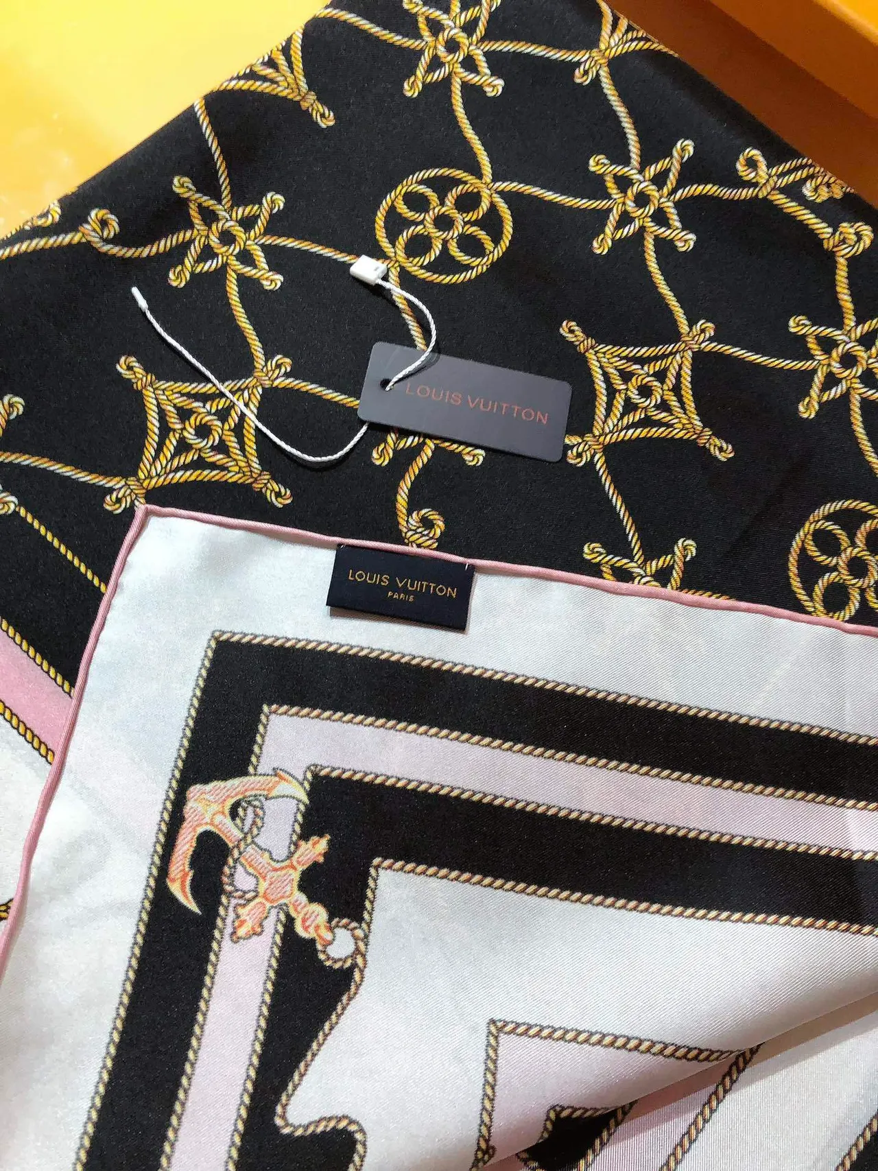 Hermès Anchor and Chain Print White Black Pink Gold Silk Scarf 9