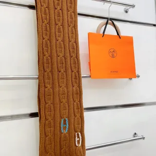 Hermès কেবল নিট বাদামি নীল চেইন-লিংক প্যাটার্ন ক্যাশমিয়ার স্কার্ফ