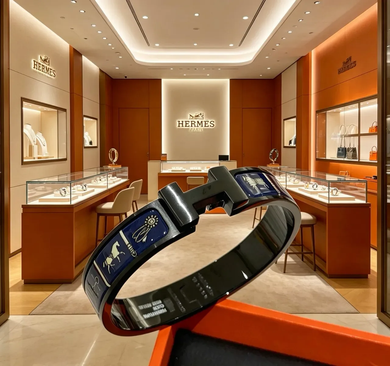 Hermès Clic H Black Blue Enamel-Inlaid Bracelet 7