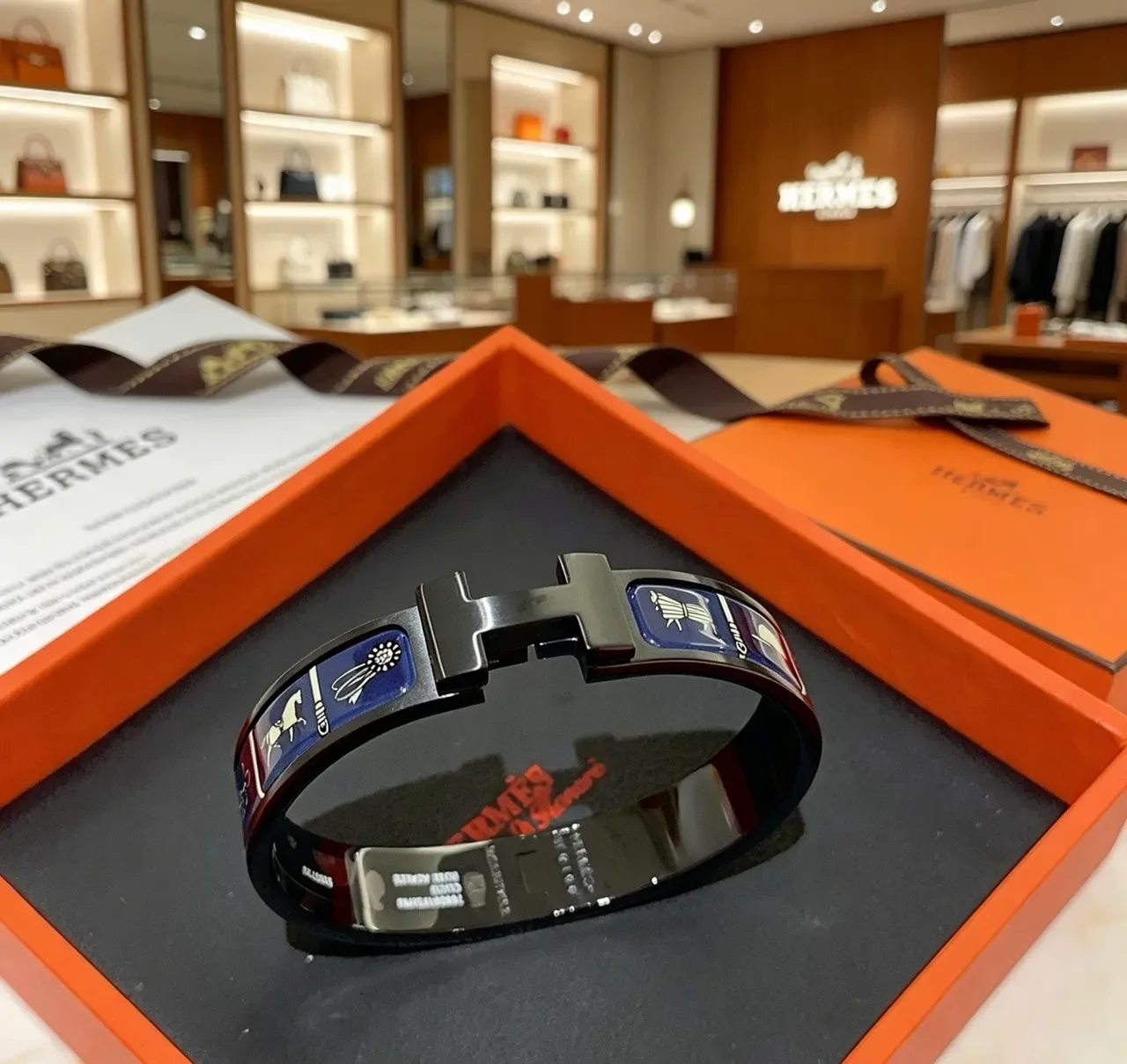 Hermès Clic H Black Blue Enamel-Inlaid Bracelet 9
