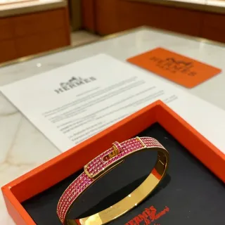 Hermès Constance Pavé 粉色宝石 金色手链