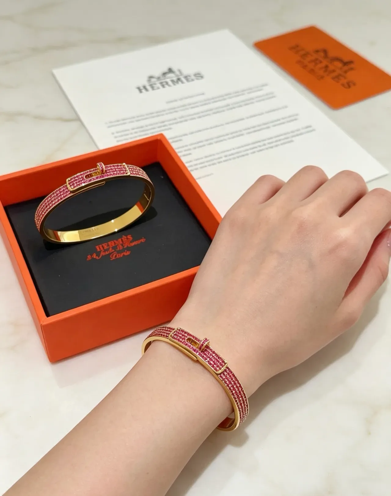 Hermès Constance Pavé Pink Gemstone Gold-Tone Bracelet 8