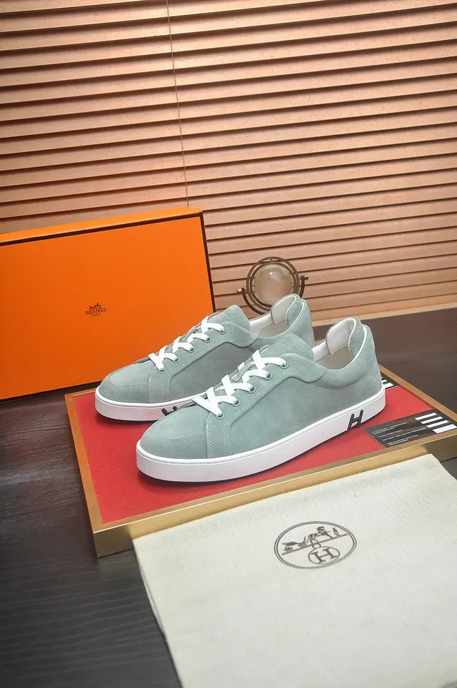 Hermès Green White Suede Upper Low-Top Lifestyle Sneakers 4