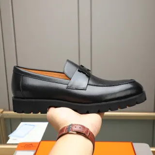 Hermès H Loafer কালো বাদামি চামড়া স্ট্র্যাপ লোফার