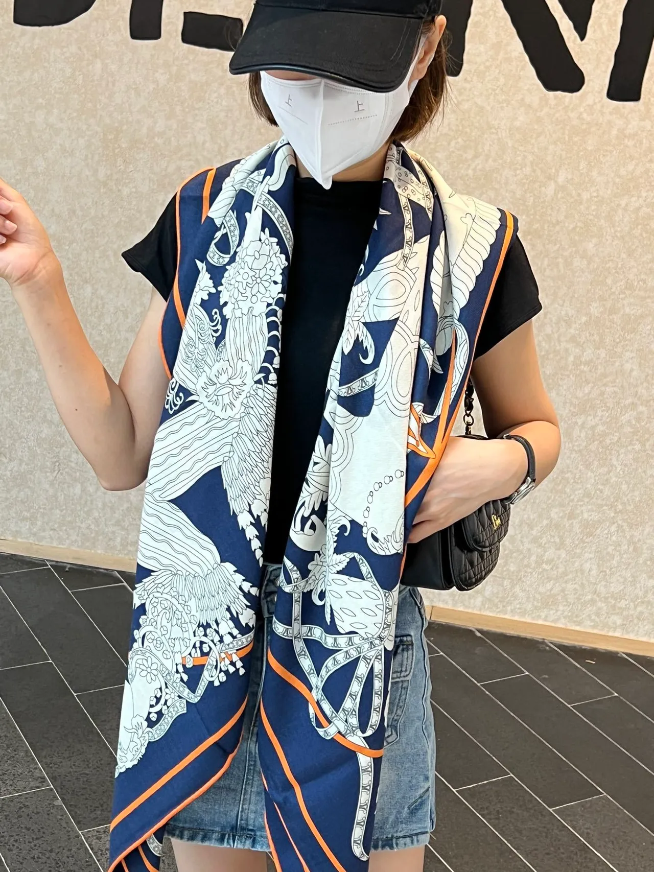 Hermès Le Sacre des Saisons Navy and Orange Silk Scarf 2