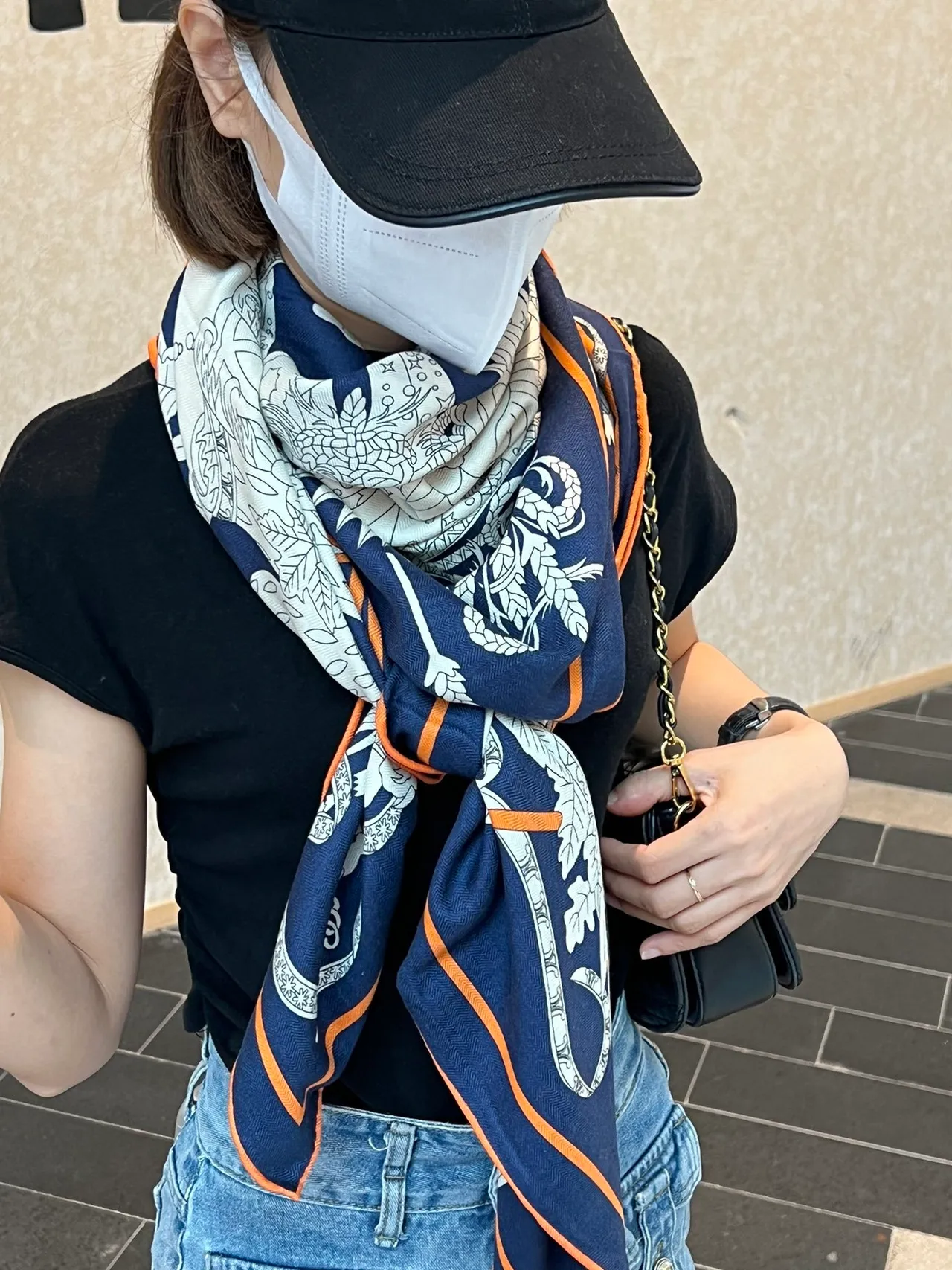Hermès Le Sacre des Saisons Navy and Orange Silk Scarf 3