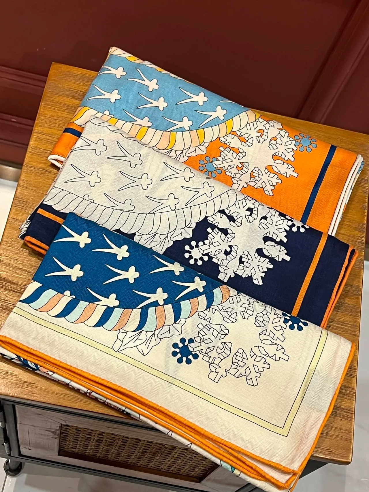 Hermès Le Sacre des Saisons Navy and Orange Silk Scarf 4