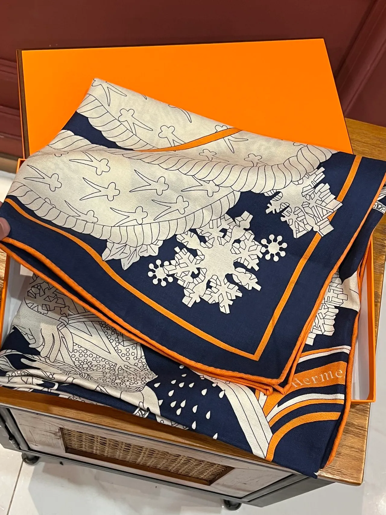 Hermès Le Sacre des Saisons Navy and Orange Silk Scarf 5
