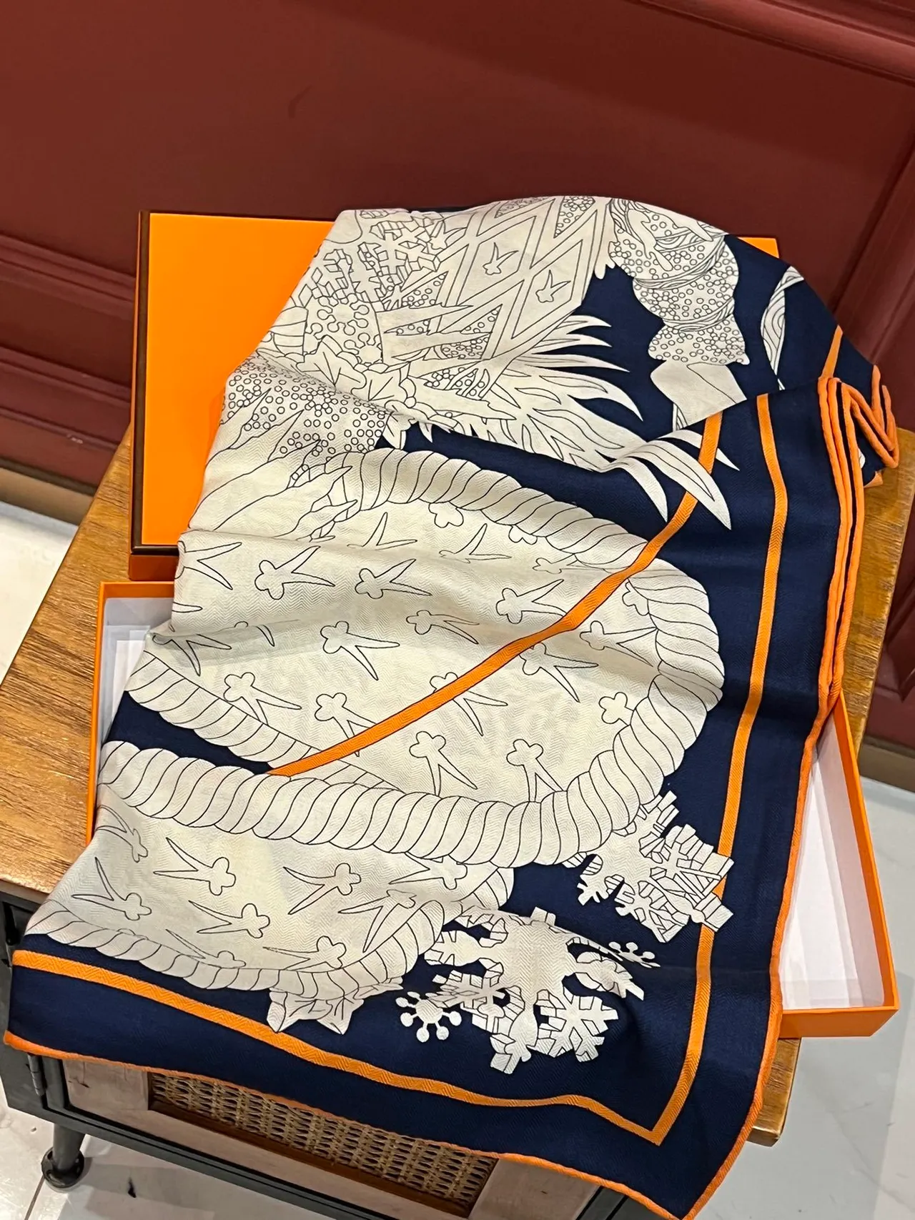 Hermès Le Sacre des Saisons Navy and Orange Silk Scarf 6