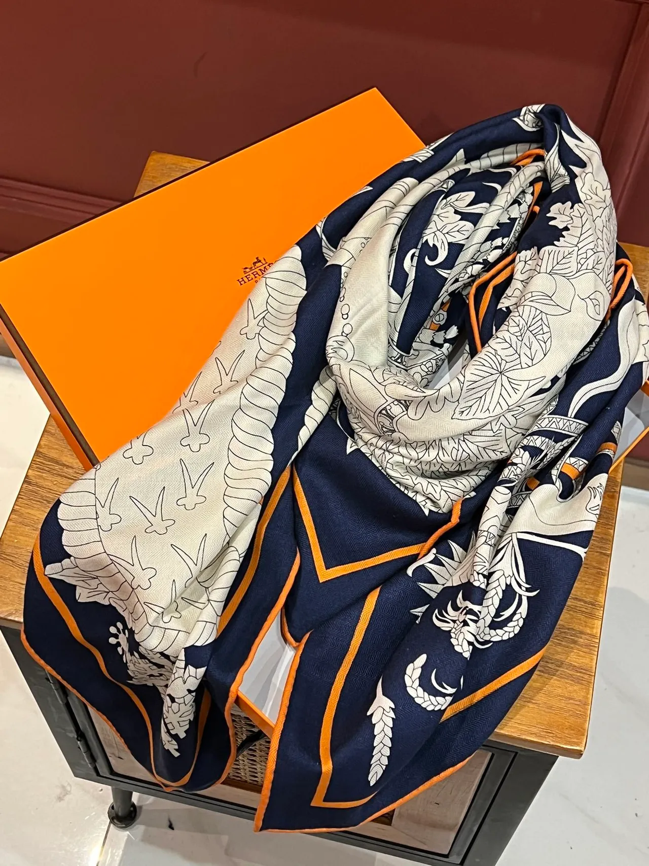 Hermès Le Sacre des Saisons Navy and Orange Silk Scarf 7