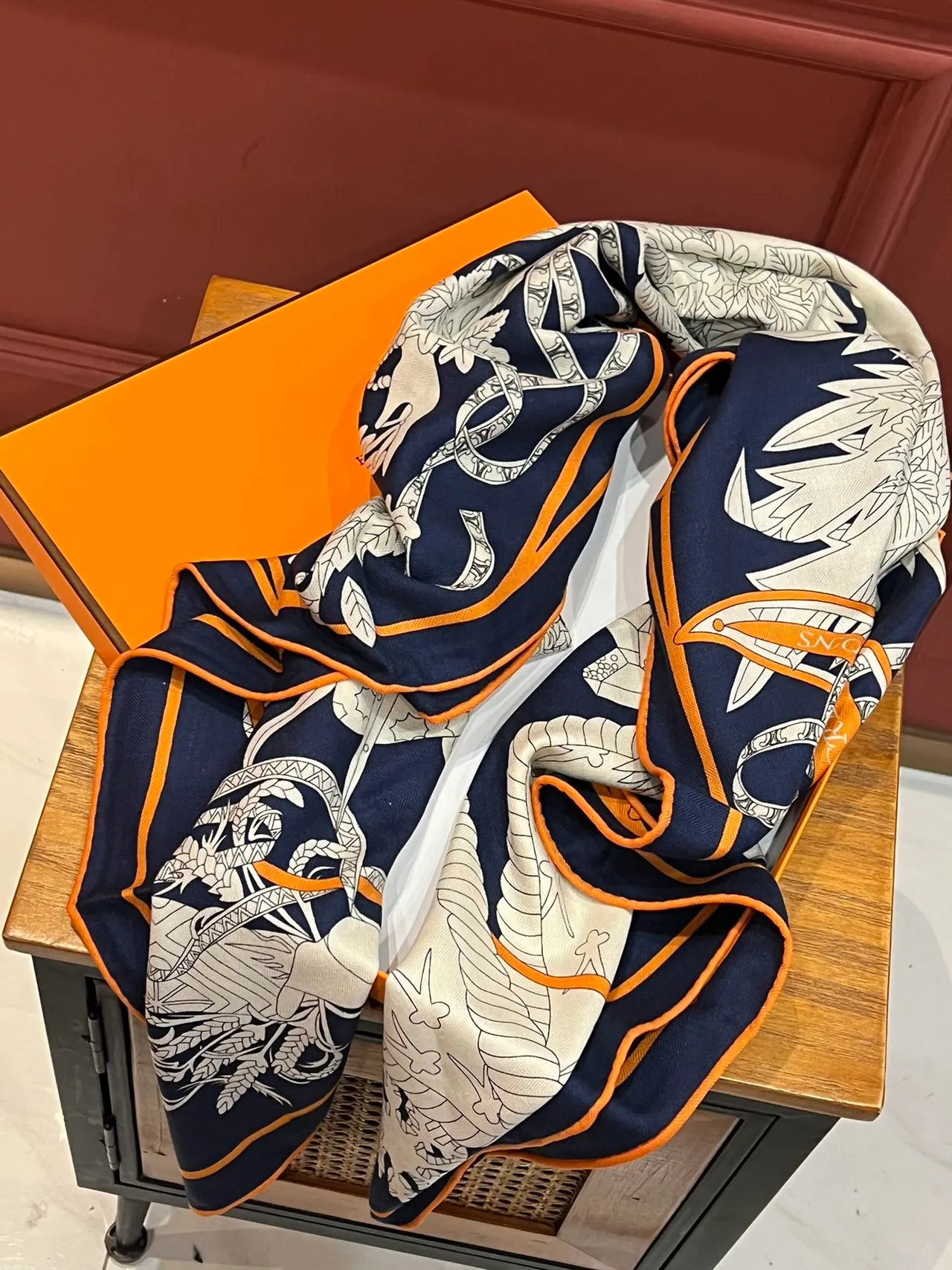 Hermès Le Sacre des Saisons Navy and Orange Silk Scarf 8