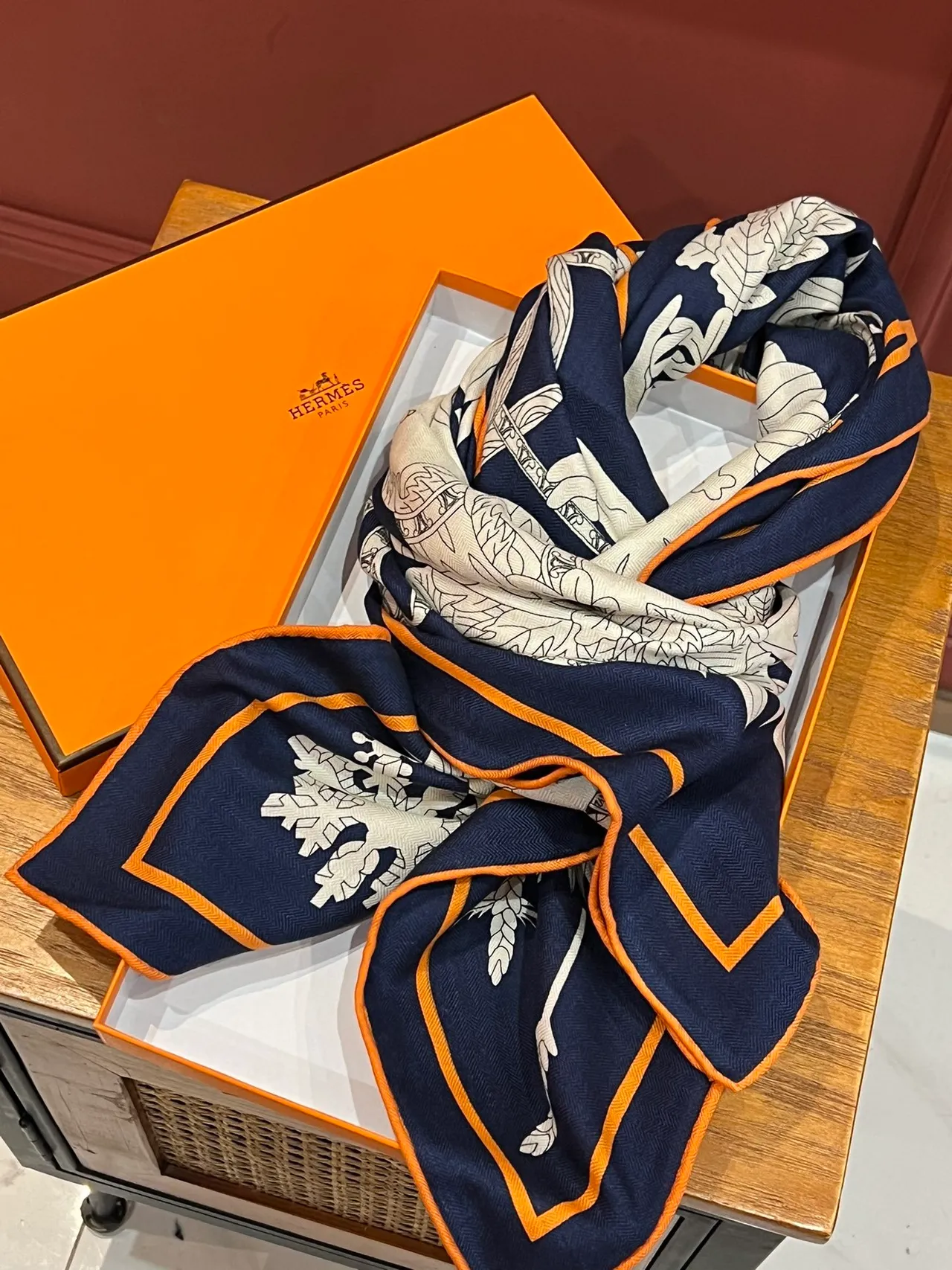 Hermès Le Sacre des Saisons Navy and Orange Silk Scarf 9