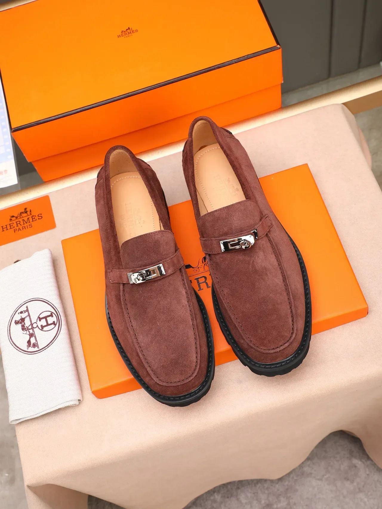 Hermès Loafer Brown Black Suede Upper Horsebit Buckle Loafer 2