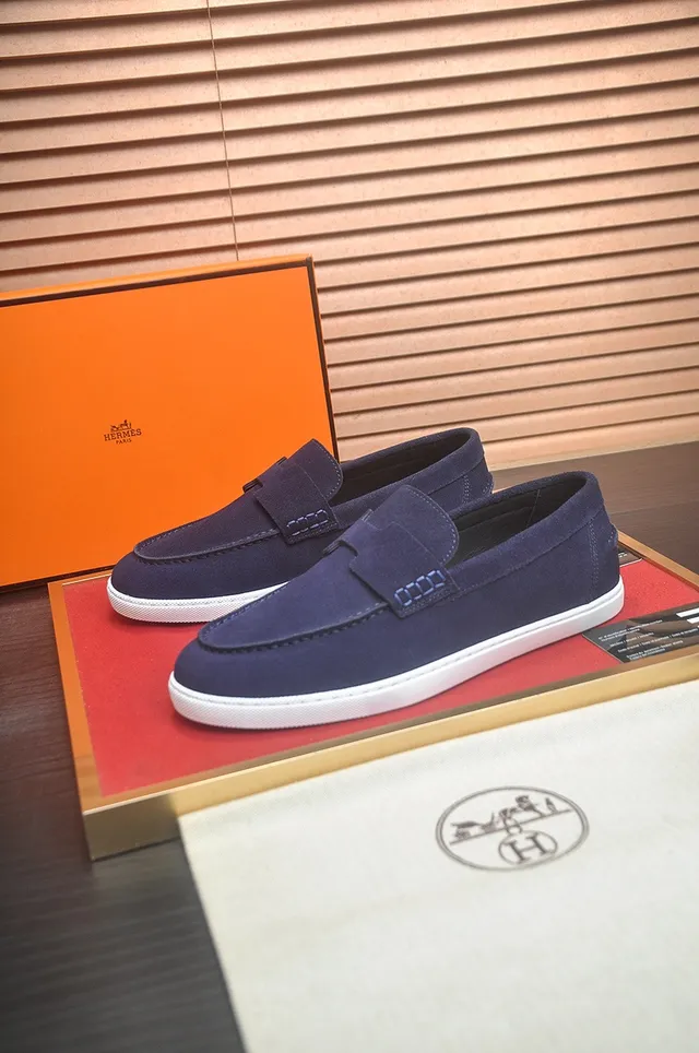 Hermès Ante Azul Marino Blanco Correa en Forma de H Loafer 3