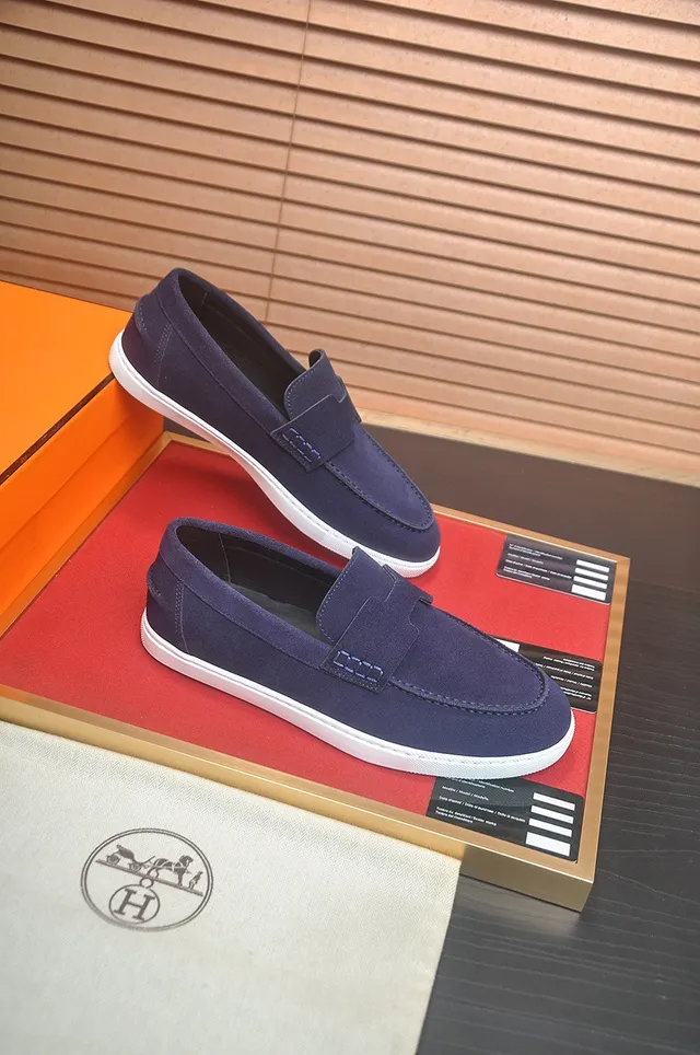 Hermès Ante Azul Marino Blanco Correa en Forma de H Loafer 6
