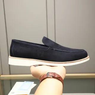 Hermès 海军白麂皮鞋面缝合莫卡辛船式乐福鞋