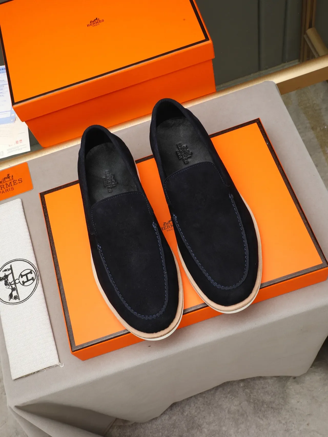 Hermès Navy White Suede Upper Moccasin-Stitched Vamp Loafer 3