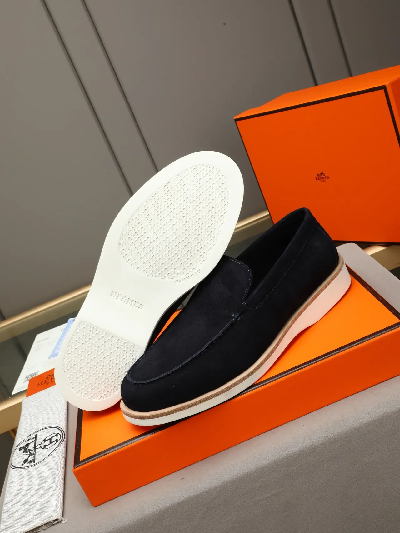 Hermès Navy White Suede Upper Moccasin-Stitched Vamp Loafer 4