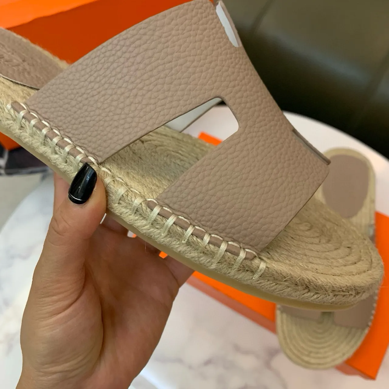 Hermès Oran Beige Leather and Jute Espadrille Slippers 8