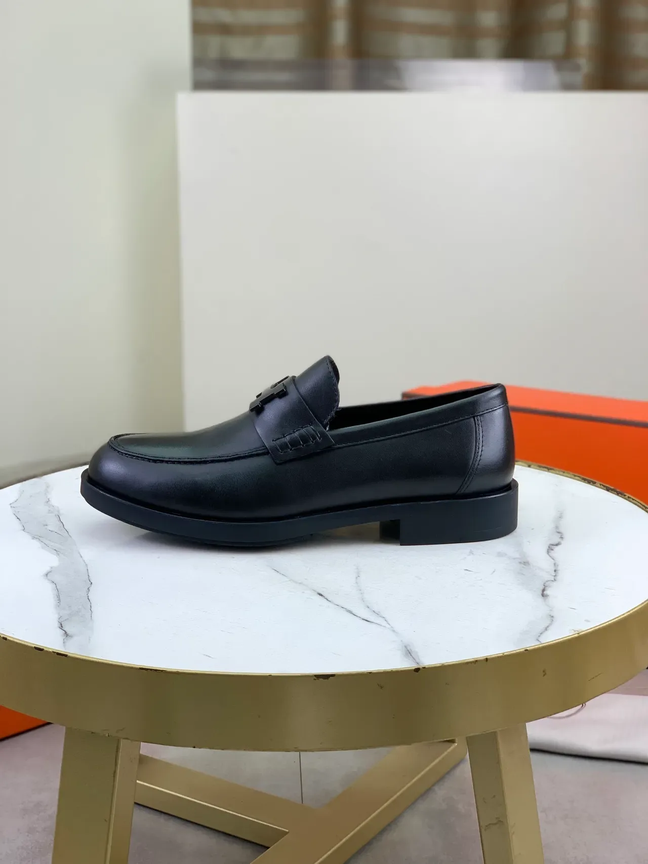 Hermès Oran Black Leather H-Buckle Loafers 6