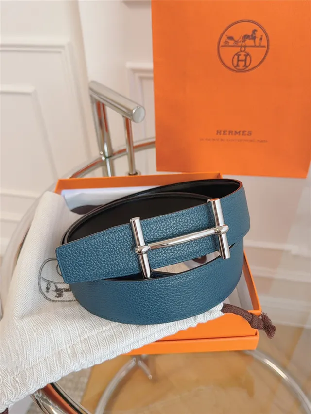 Hermès Oran Cinturón de Cuero Azul y Oro Hebilla T-Bar Pebblada 11