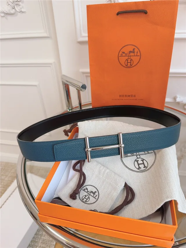 Hermès Oran Cinturón de Cuero Azul y Oro Hebilla T-Bar Pebblada 15