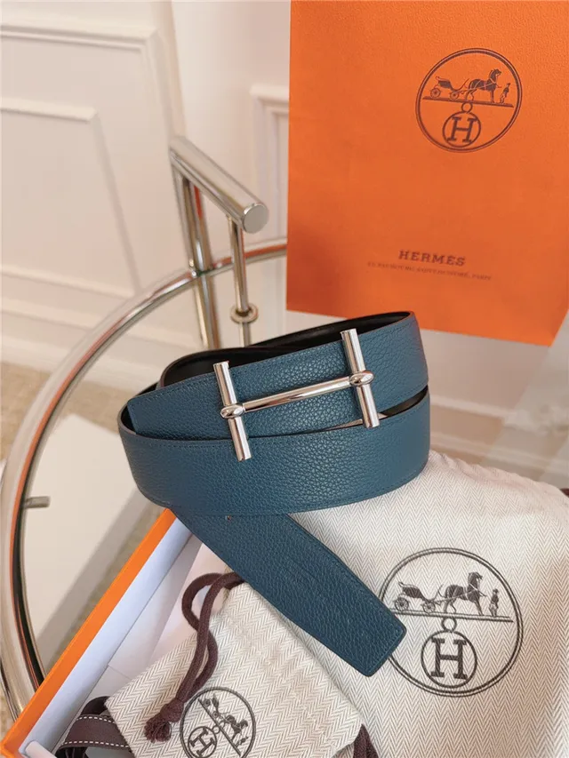 Hermès Oran Cinturón de Cuero Azul y Oro Hebilla T-Bar Pebblada 18