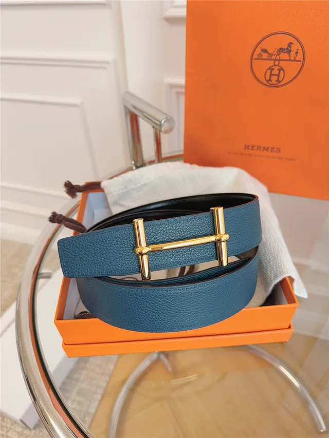 Hermès Oran Cinturón de Cuero Azul y Oro Hebilla T-Bar Pebblada 20