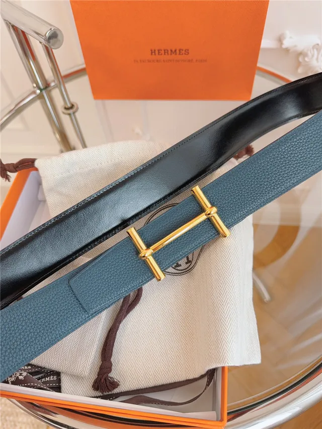 Hermès Oran Cinturón de Cuero Azul y Oro Hebilla T-Bar Pebblada 23