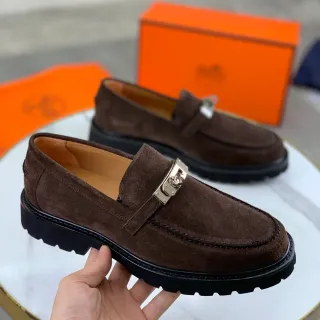 Hermès Oran 棕黑麂皮鞋面 马衔扣 乐福鞋