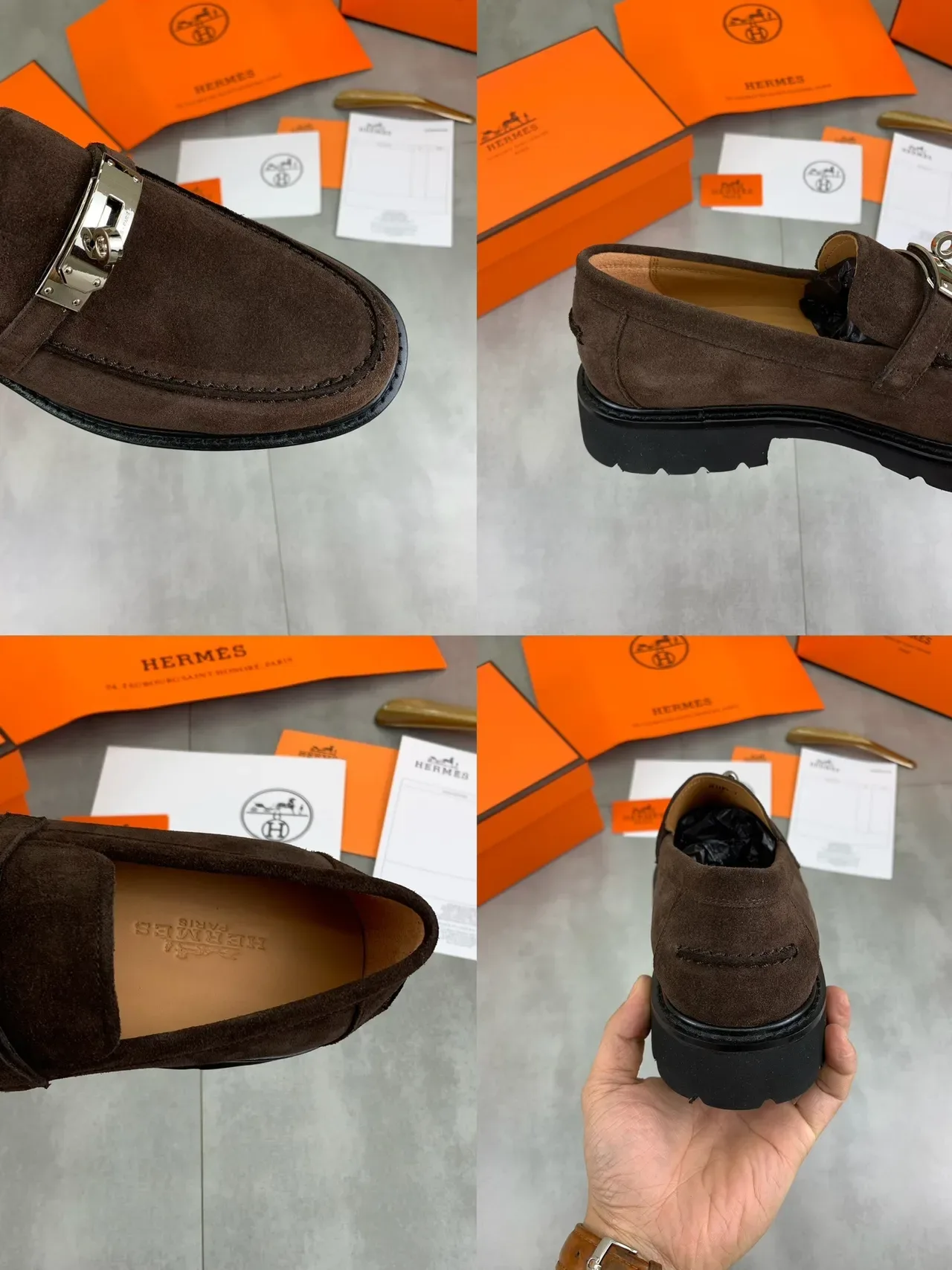 Hermès Oran Brown Black Suede Upper Horsebit Buckle Loafer 2