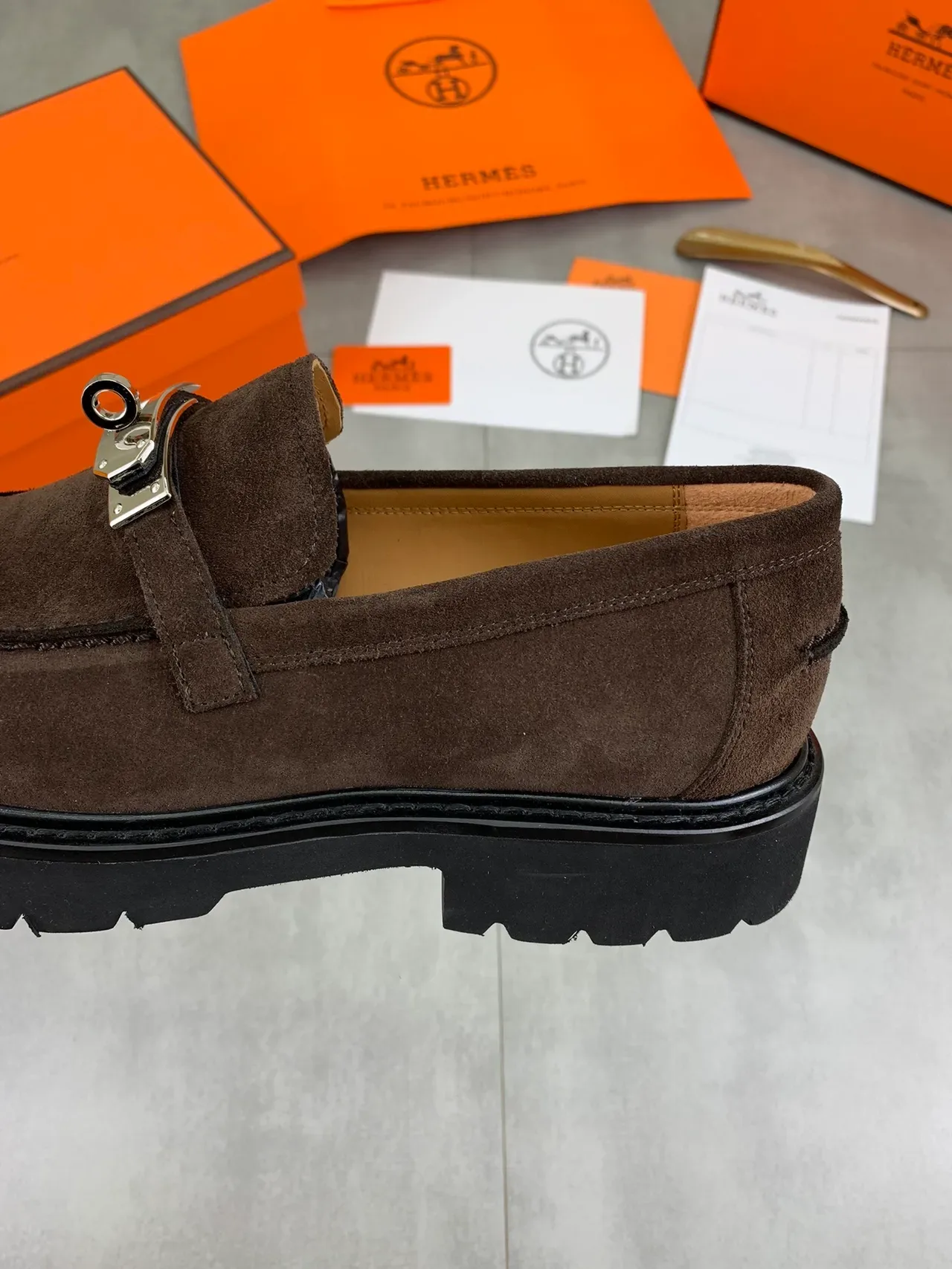 Hermès Oran Brown Black Suede Upper Horsebit Buckle Loafer 4