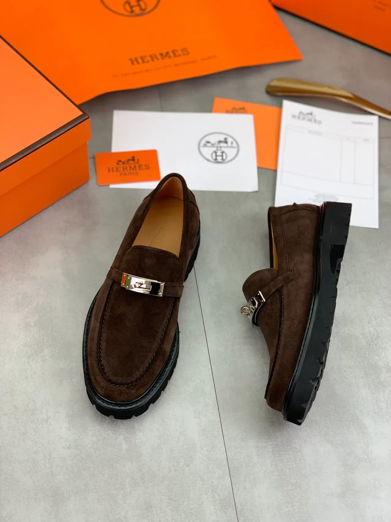 Hermès Oran Brown Black Suede Upper Horsebit Buckle Loafer 5