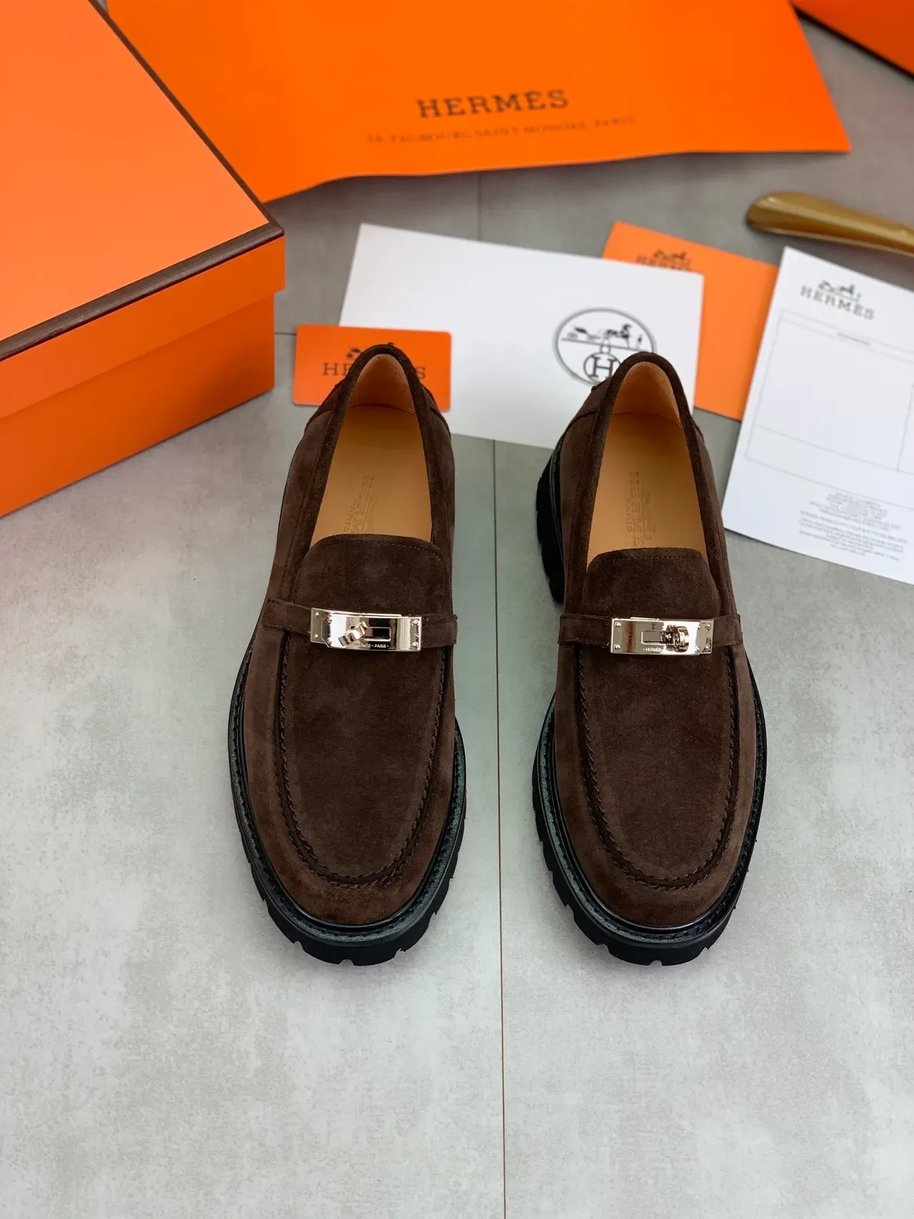 Hermès Oran Brown Black Suede Upper Horsebit Buckle Loafer 6