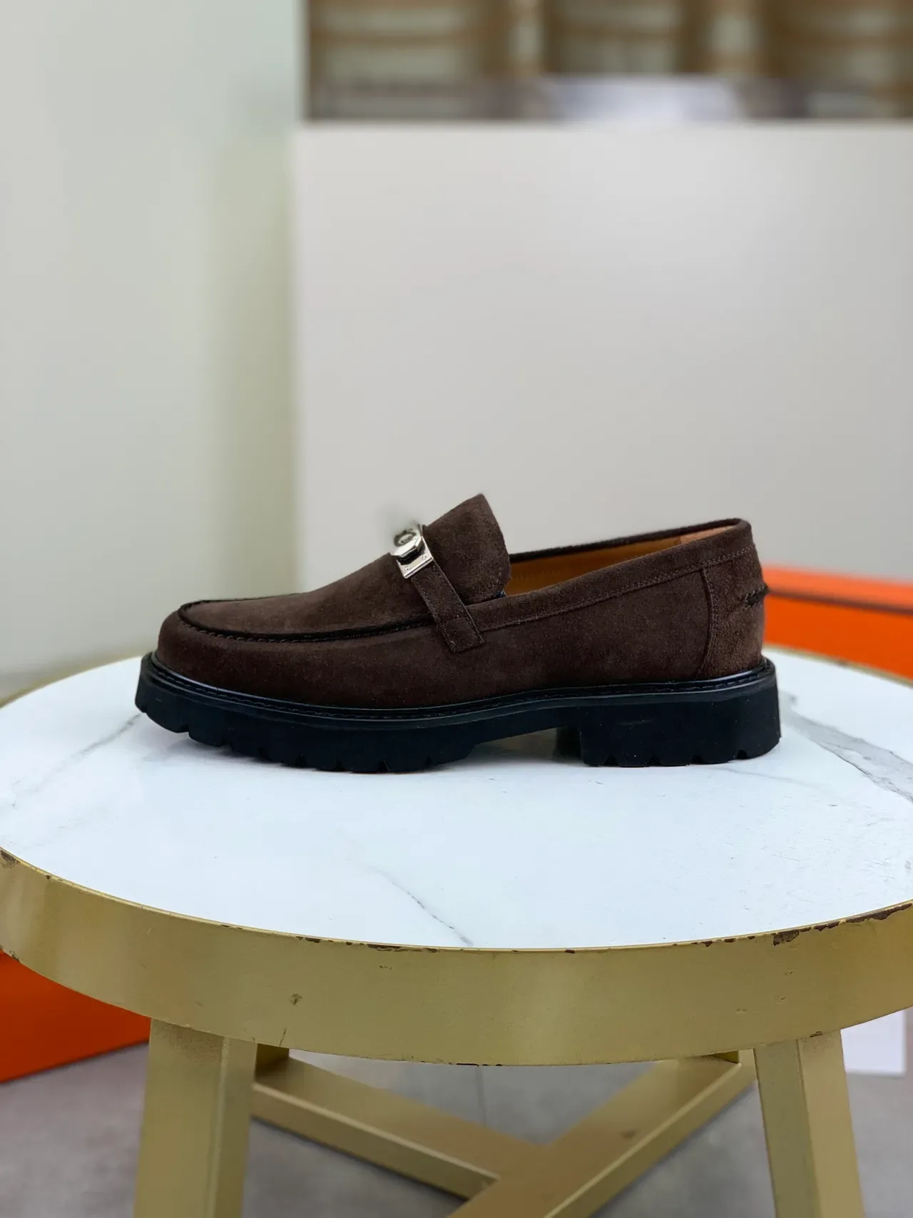 Hermès Oran Brown Black Suede Upper Horsebit Buckle Loafer 7