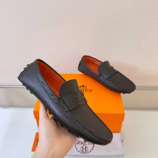 Hermès Oran 棕橙色 粒面皮革 H型扣带乐福鞋