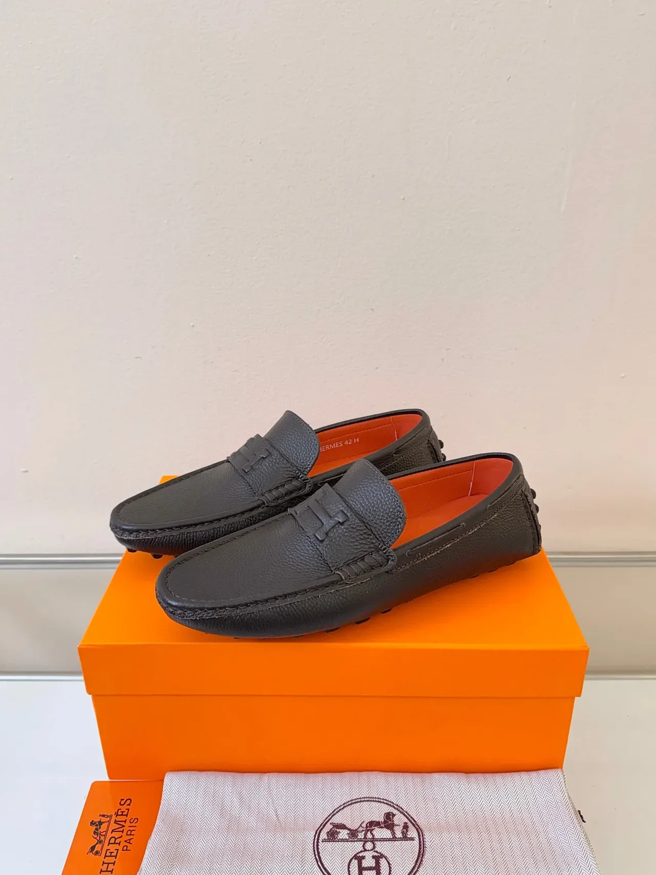 Hermès Oran Brown Orange Pebbled Leather H-Buckle Strap Loafer 2
