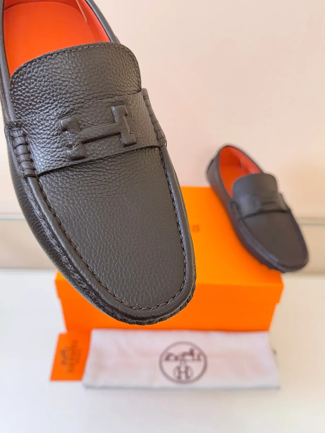 Hermès Oran Brown Orange Pebbled Leather H-Buckle Strap Loafer 3