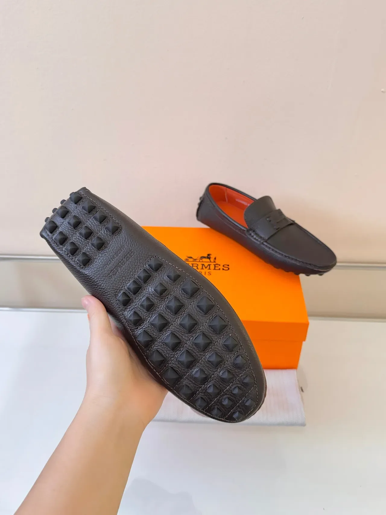 Hermès Oran Brown Orange Pebbled Leather H-Buckle Strap Loafer 5
