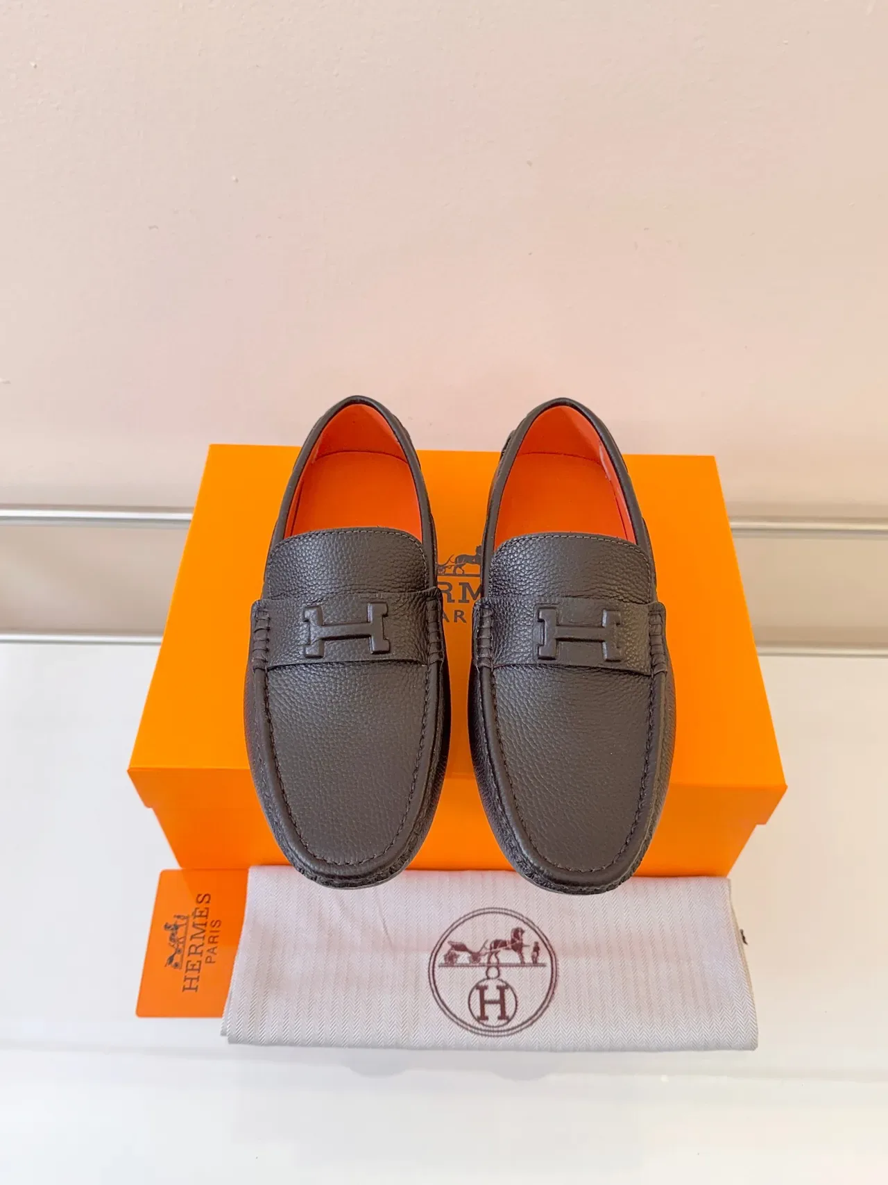 Hermès Oran Brown Orange Pebbled Leather H-Buckle Strap Loafer 6