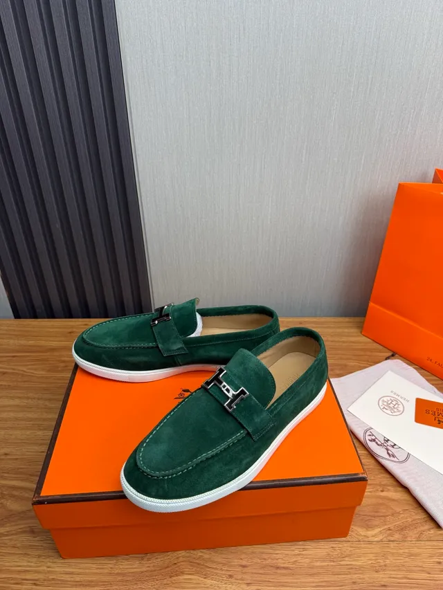 Hermès Oran Green White Suede Upper H-Buckle Strap Loafer 3