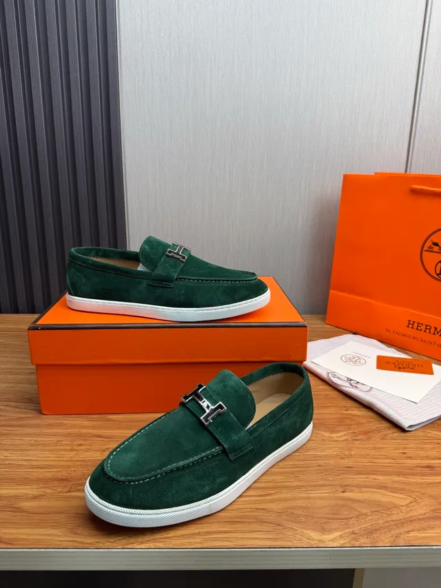 Hermès Oran Green White Suede Upper H-Buckle Strap Loafer 4