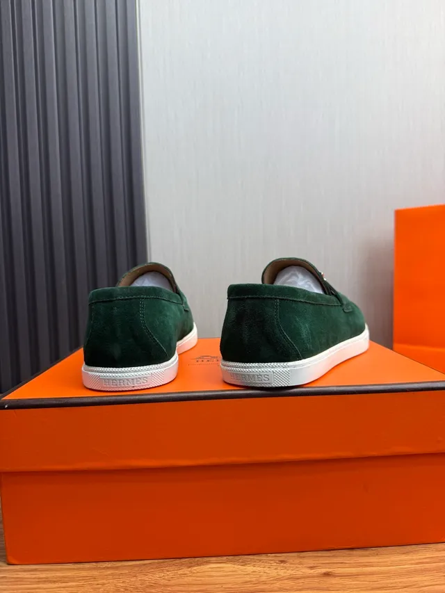 Hermès Oran Green White Suede Upper H-Buckle Strap Loafer 5