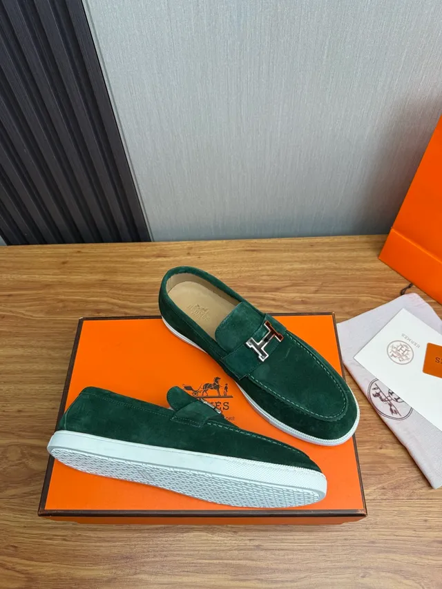 Hermès Oran Green White Suede Upper H-Buckle Strap Loafer 6