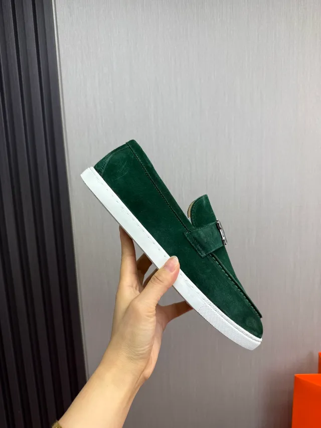 Hermès Oran Green White Suede Upper H-Buckle Strap Loafer 7