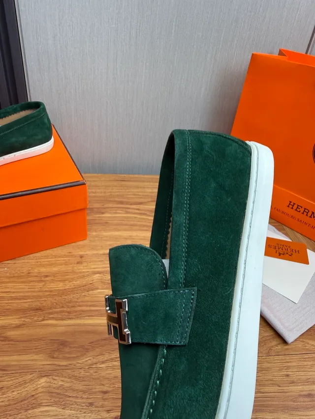 Hermès Oran Green White Suede Upper H-Buckle Strap Loafer 8