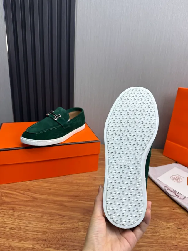 Hermès Oran Green White Suede Upper H-Buckle Strap Loafer 9